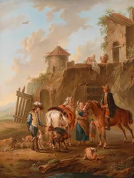 Et jagtselskab, der hviler foran et hus
